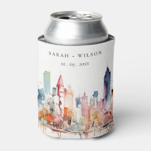 Chicago Illinois Watercolor Landscape Wedding Can Cooler