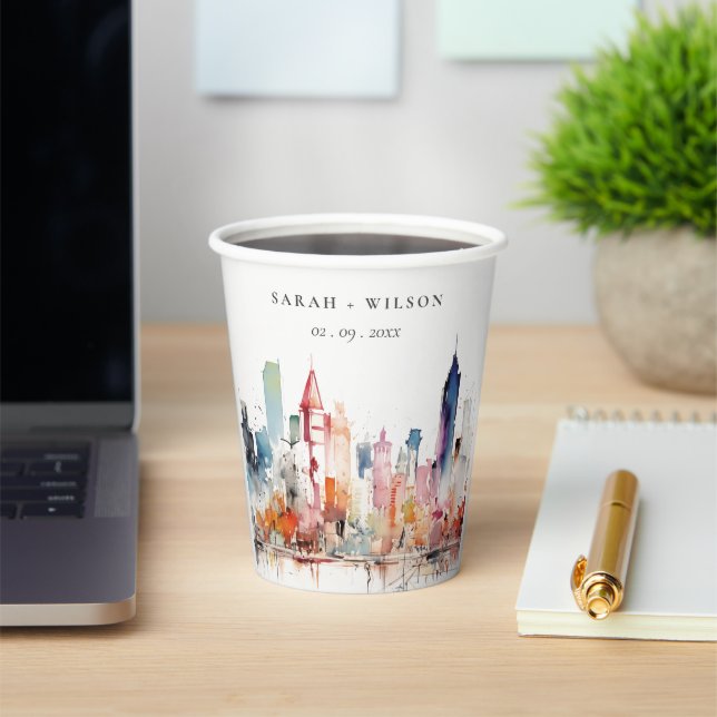 Chicago Illinois Watercolor Landscape Wedding Paper Cups (Insitu)