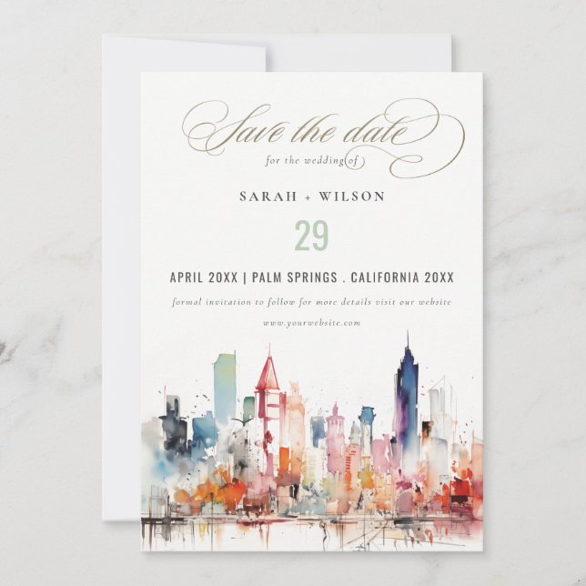 Chicago Illinois Watercolor Landscape Wedding Save The Date (Front)
