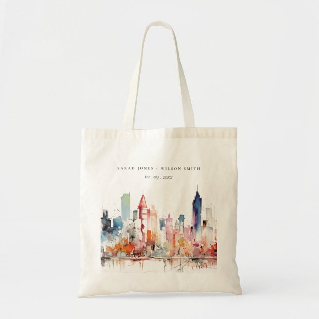 Chicago Illinois Watercolor Landscape Wedding Tote Bag (Front)