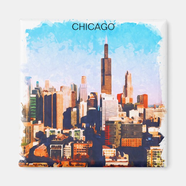 Chicago Illinois Watercolor Skyline View Magnet (Front)