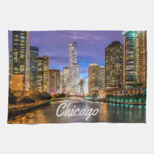 Chicago Illinos City At Night Tea Towel