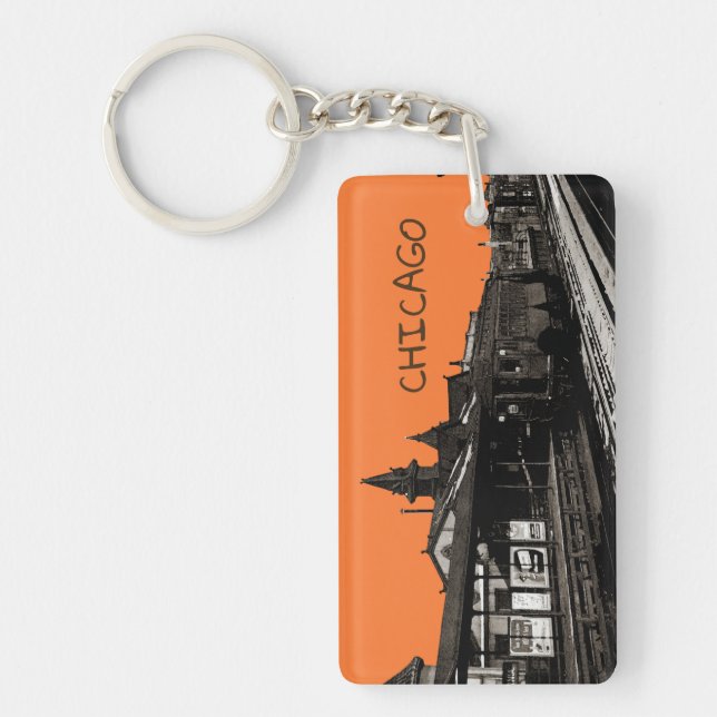 Chicago L 1950 Watercolor Sepia Photograph Subway Key Ring (Front)
