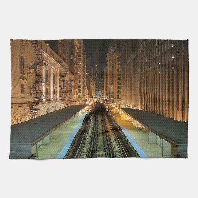 Chicago 'L' Station at Night Tea Towel (Horizontal)