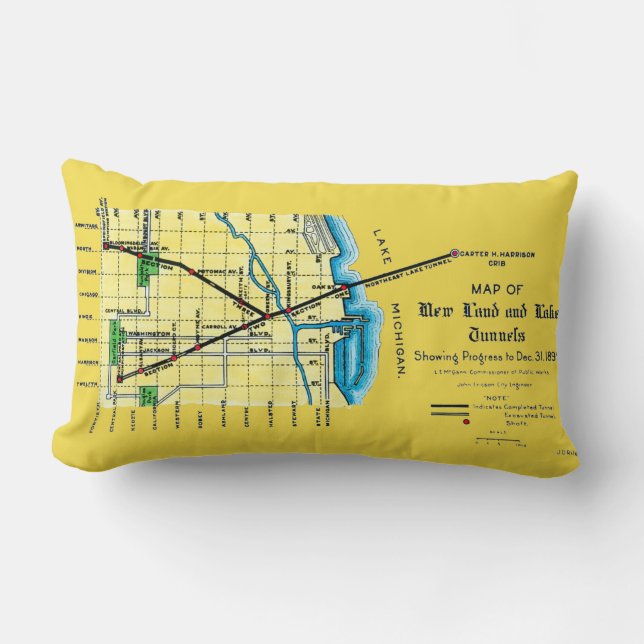 Chicago Map 1899 Land Lake Tunnels Harrison Crib Lumbar Cushion (Front)