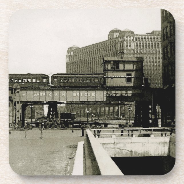 CHICAGO MERCHANDISE MART TROLLEY TRAIN WATERCOLOR COASTER (Front)