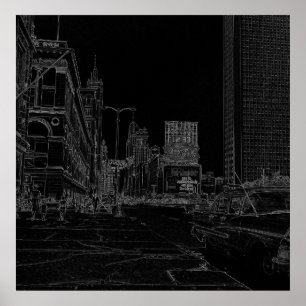 Chicago Michigan Avenue 1960's Glowing Edges Black Poster