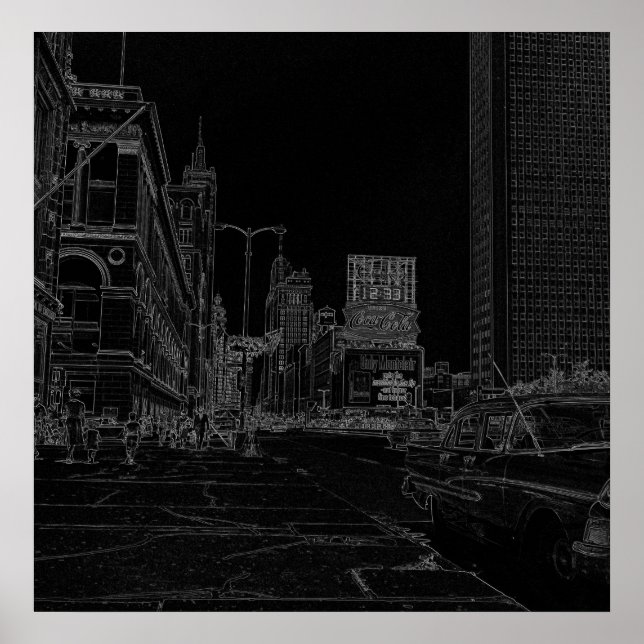 Chicago Michigan Avenue 1960's Glowing Edges Black Poster (Front)