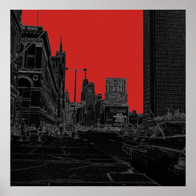 Chicago Michigan Avenue 1960's Glowing Edges Black Poster (Front)