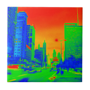 Chicago Michigan Avenue @ Night 1967 Neon Colourfu Ceramic Tile