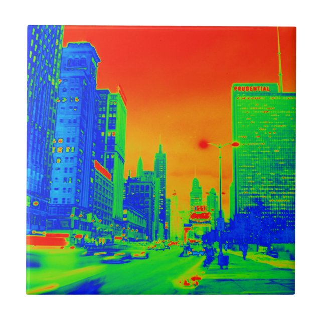 Chicago Michigan Avenue @ Night 1967 Neon Colourfu Ceramic Tile (Front)