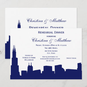 Chicago Navy Skyline Silhouette Rehearsal Dinner Invitation
