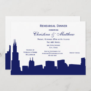Chicago Navy Skyline Silhouette Rehearsal Dinner Invitation