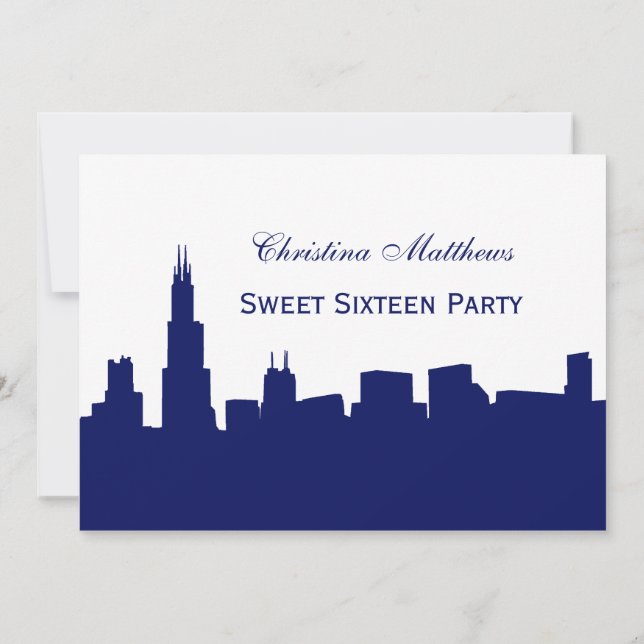 Chicago Navy Skyline Silhouette Sweet 16 Party Invitation (Back)