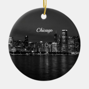 Chicago Night Cityscape Grayscale Souvenir Ceramic Ornament