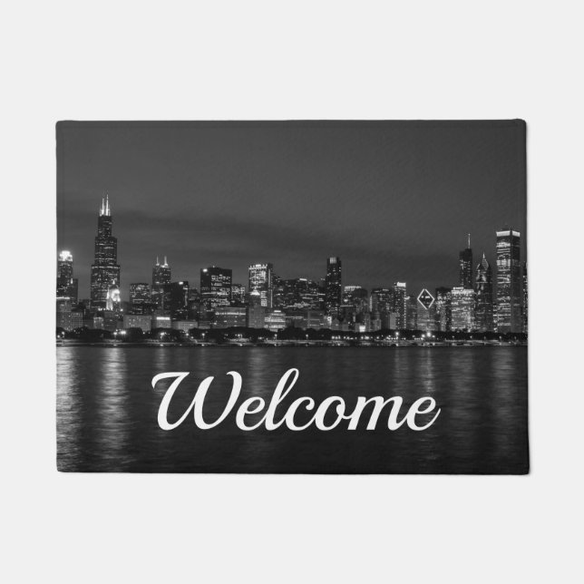 Chicago Night Cityscape Grayscale Welcome Doormat (Front)