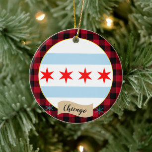 Chicago, Red buffalo plaid & Chicago Flag Ceramic Ornament