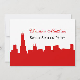 Chicago Red Skyline Silhouette Sweet 16 Party Invitation