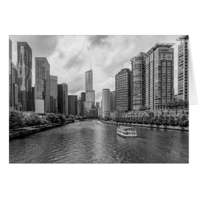 Chicago River And Trump Tower Grayscale Card (Front Horizontal)