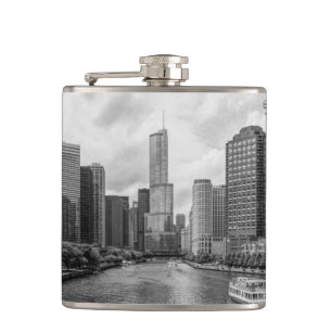 Chicago River And Trump Tower Grayscale Hip Flask