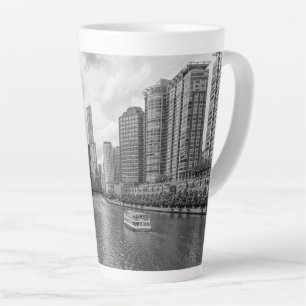 Chicago River And Trump Tower Grayscale Latte Mug