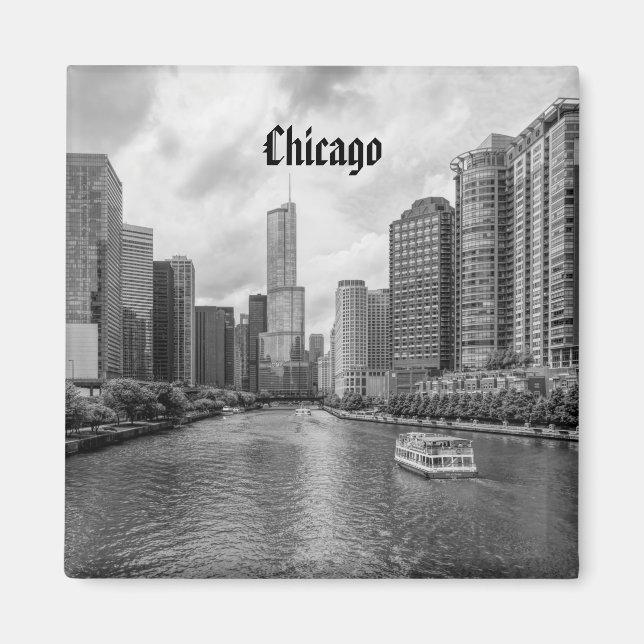 Chicago River And Trump Tower Grayscale Magnet (Front)