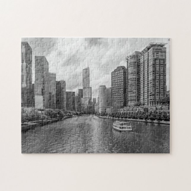 Chicago River And Trump Tower Grayscale Puzzle (Horizontal)