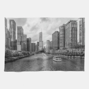 Chicago River And Trump Tower Grayscale Tea Towel