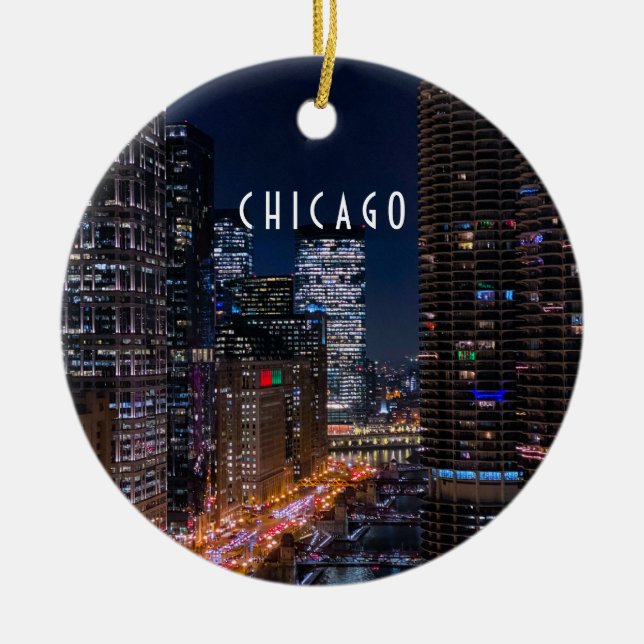 Chicago River at Night Ceramic Ornament (Front)