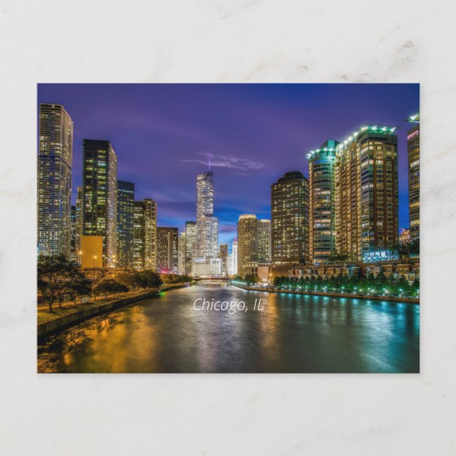Chicago River at Sunset, labelled, Postcard (Front)