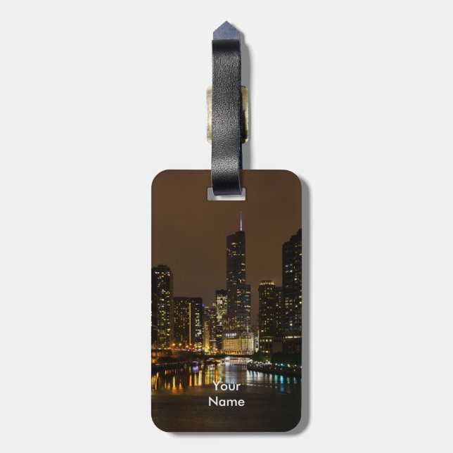 Chicago River Night Storm Luggage Tag (Back Vertical)