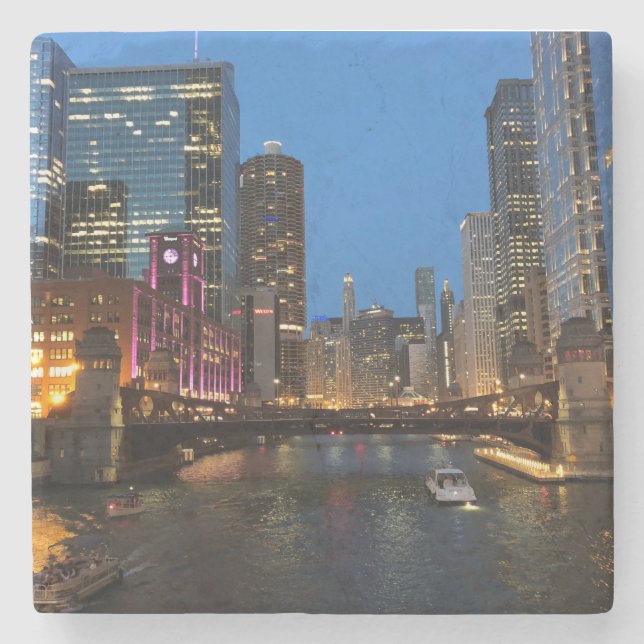 Chicago River Nights Stone Coaster (Front)