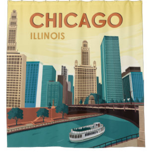 Chicago River Skyline Vintage Travel Shower Curtain