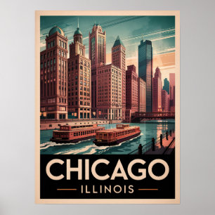 Chicago Riverwalk Retro Art – Vintage Cityscape  Poster