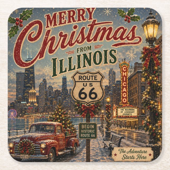 Chicago Route 66 Christmas Table Accent Square Paper Coaster (Front)