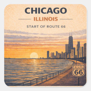 Chicago Route 66 Sunset Skyline Travel Decal Square Sticker