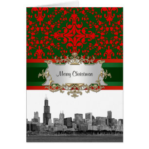 Chicago Skyline #1 Vintage Look Red & Green Damask