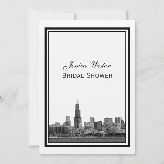 Chicago Skyline #2 Etched Framed V Bridal Shower Invitation (Front)