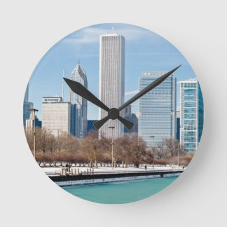 Chicago skyline across frozen Lake Michigan Round Clock