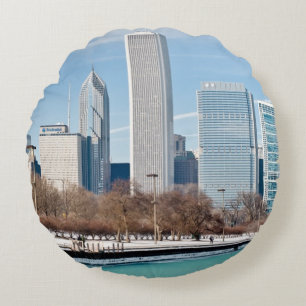 Chicago skyline across frozen Lake Michigan Round Cushion