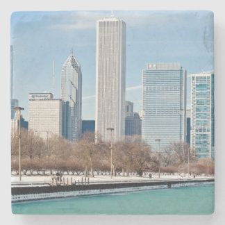 Chicago skyline across frozen Lake Michigan Stone Coaster