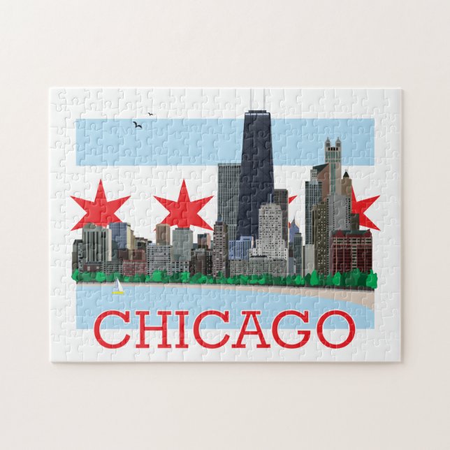 Chicago Skyline and City Flag Jigsaw Puzzle (Horizontal)