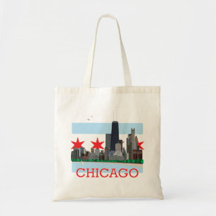 Chicago Skyline and City Flag Tote Bag