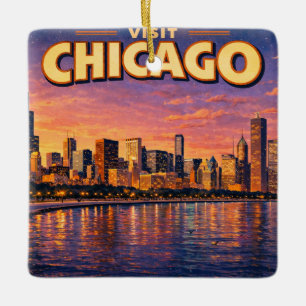 Chicago skyline and Lake Michigan in the evening Ceramic Ornament