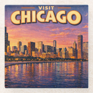 Chicago skyline and Lake Michigan in the evening Glass Coaster