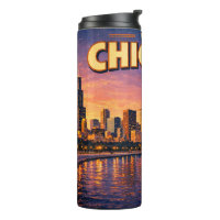 Chicago skyline and Lake Michigan in the evening