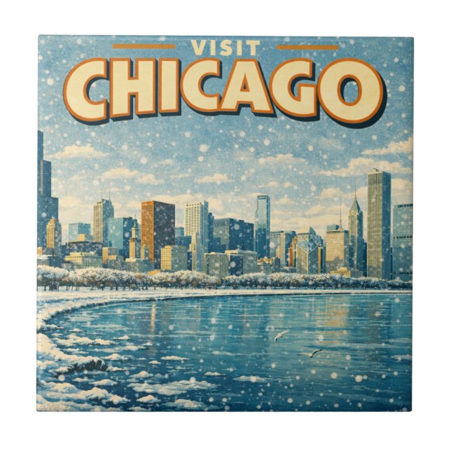 Chicago skyline and Lake Michigan in winter  Ceramic Tile (Front)