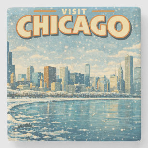 Chicago skyline and Lake Michigan in winter  Stone Coaster