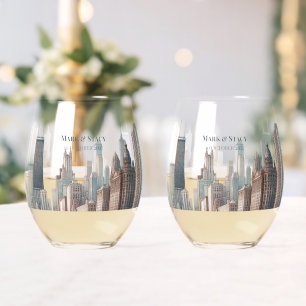 Chicago Skyline Architecture Watercolor Wedding Stemless Wine Glass