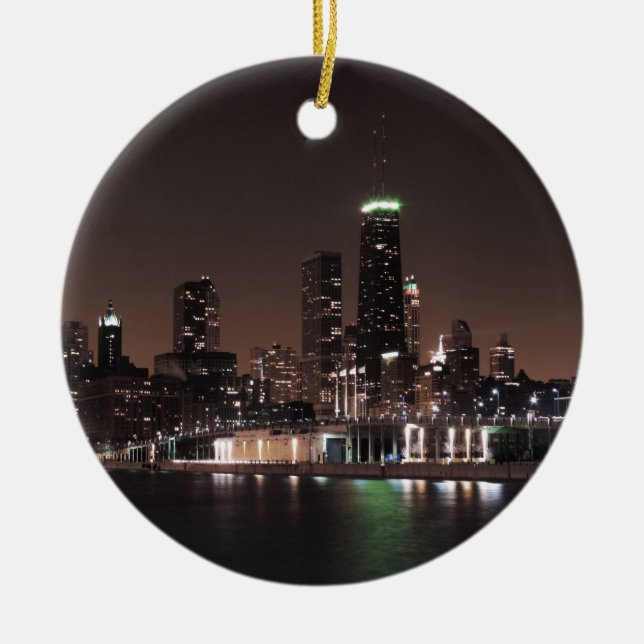 Chicago Skyline at Night Ceramic Ornament (Front)